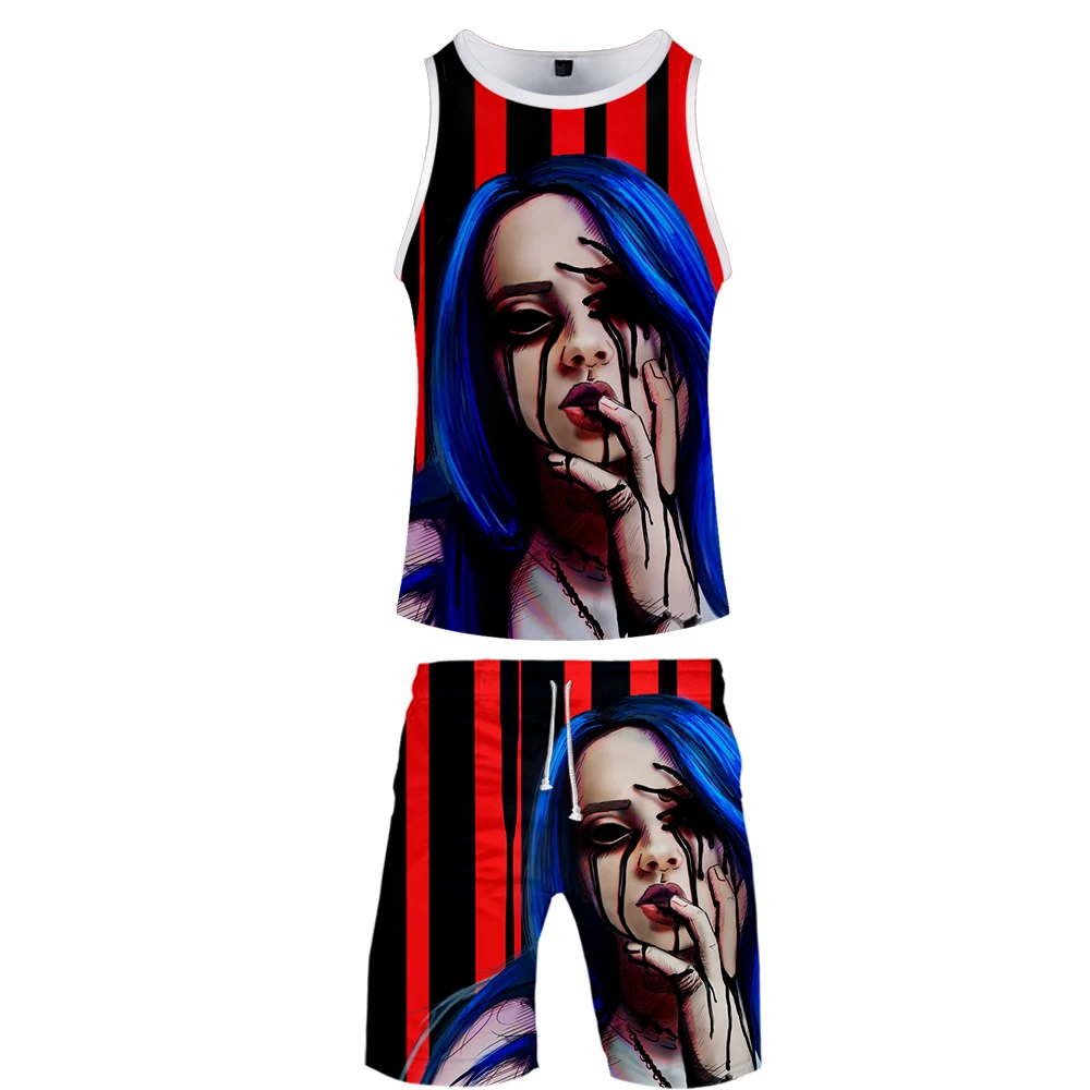 Лето, мужской повседневный пляжный жилет Billie Eilish без рукавов, шорты, спортивный костюм+ штаны, Быстросохнущий Спортивный костюм, мужские спортивные костюмы