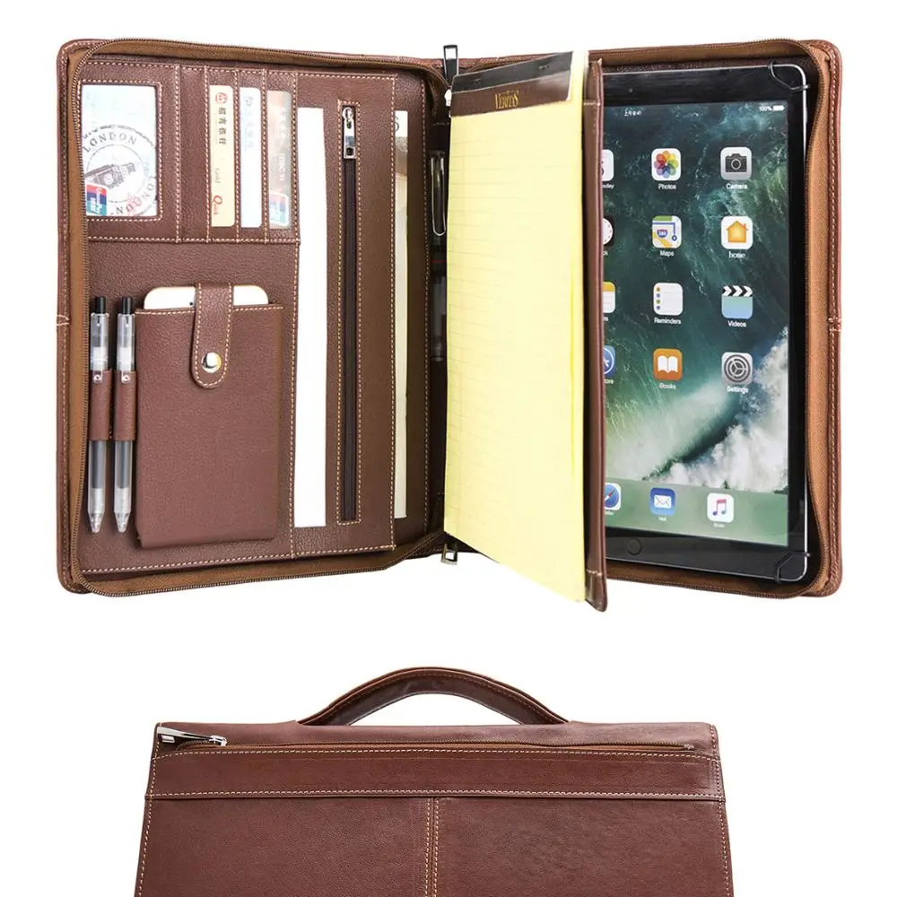 

Handmade Genuine Leather Portfolio A4 Folder, Business Padfolio Organizer Case Conference Folder with Retractable Handle, Brown