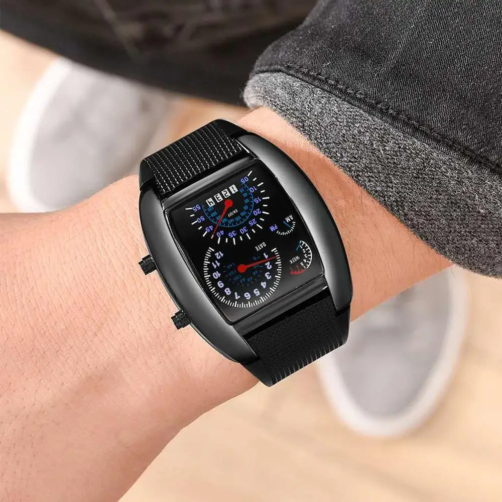 

LED Speedometer Digital Matrix Watch Fashion Week Date Dashboard Pattern Dial Men Watch Electronic Sport Watch Rubber Band Clock