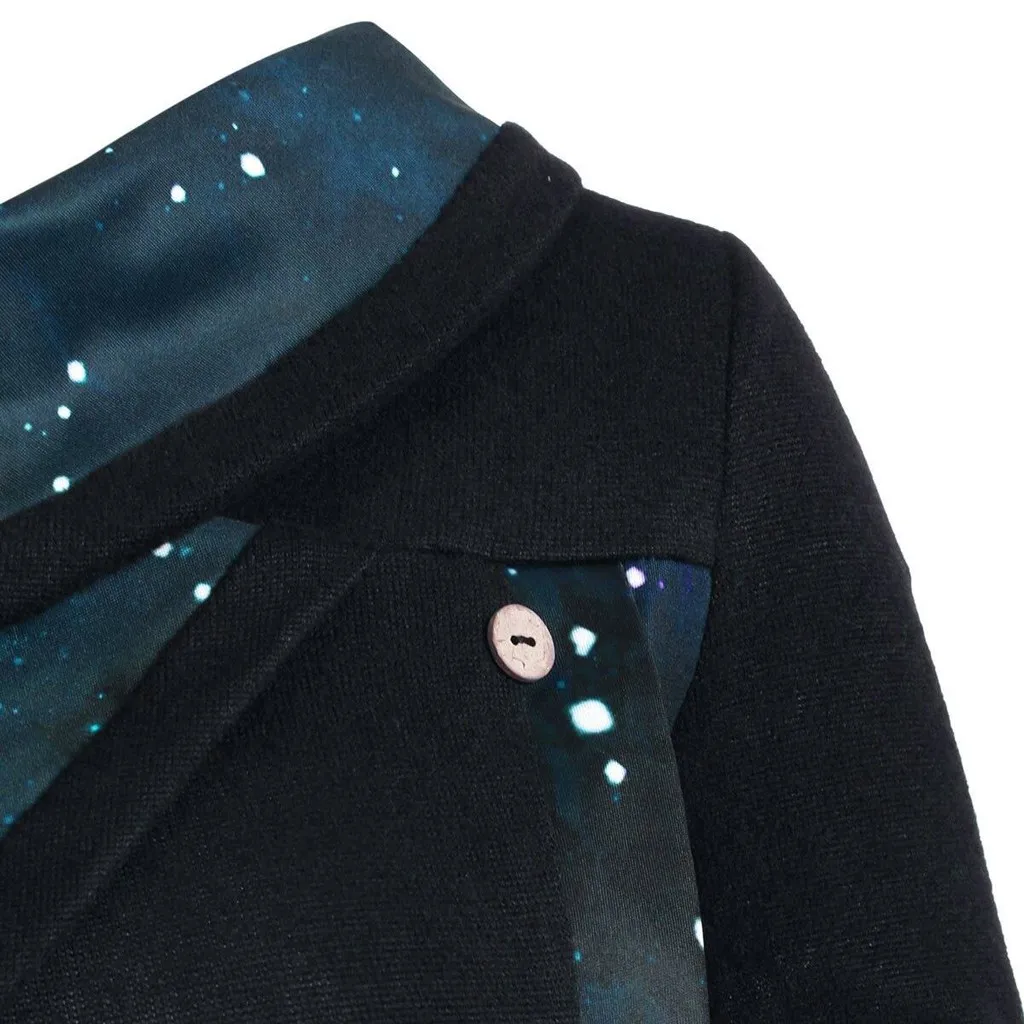 Женская толстовка с пуговицами, зимнее платье с подкладкой, пальто размера d размера плюс, длинный рукав, воротник-хомут, Галактическая панель, необычная длинная туника