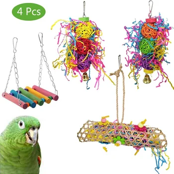 

Bird Parrot Toys 4 Packs Bird Chewing Foraging Shredder Toy Bird Cage Hammock Hanging Swing with Bells for Small Bird Parakeets,