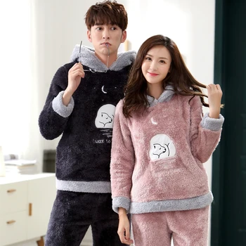 

Winter Pajamas Men Cute Cartoon Cosplay Sleepwear Pajama Sets for Women Long Sleeve Hooded Thick Warm Flannel Velvet Couples