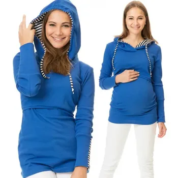 

Women Spring Stitching Stripe Hooded Loose Pregnant Breast-Feeding Blouses Shirt