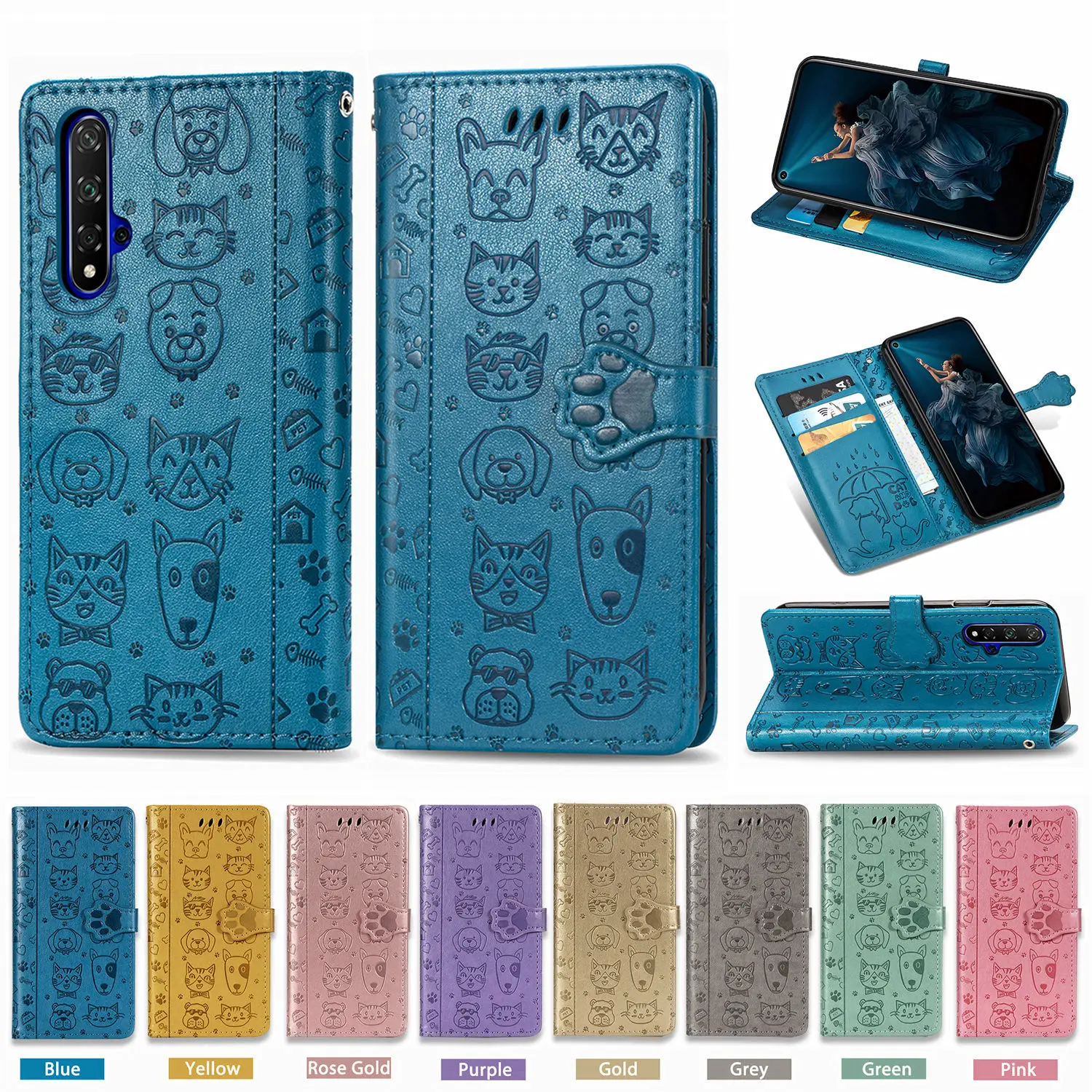 Pet Pattern Relief Flip Leather Case For Huawei Nova 5T Honor 20 20s Nova5T Honor20 Cartoon Print Wallet Cover Fundas Coque | Мобильные