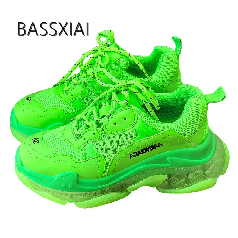 

2019 Green Running Shoes Woman Round Toe Lace Up Transparent Thick Bottom Shoes Lady Fashion Casual Shoes
