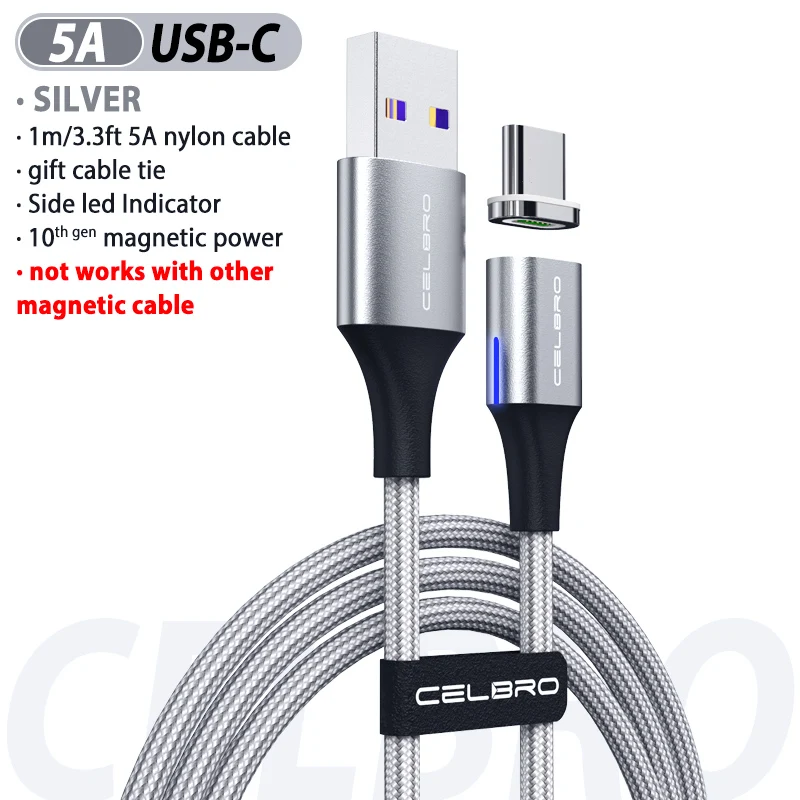 Магнитный usb-кабель 1,5/2 метра для зарядки Micro Usb type C 5A кабель для быстрой зарядки и передачи данных для huawei P30 Xiaomi Redmi K30 5G - Цвет: Silver For Type C