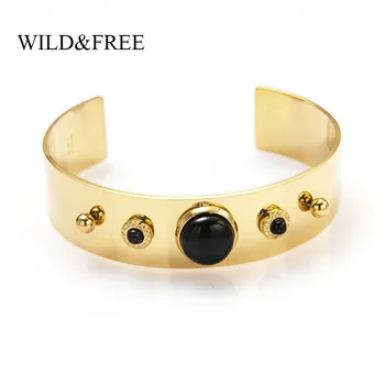 

Wild & Free Bohemian Style Stainless Steel Wide Bangles For Women Punk Black Stone Gold Open Cuff Bangles Bracelets Jewelry