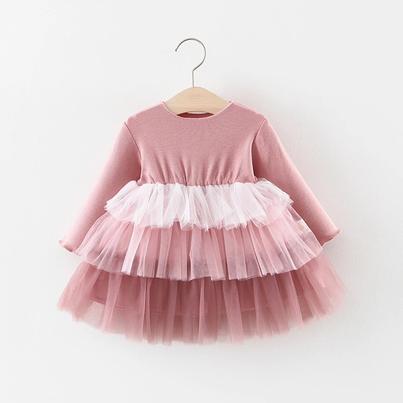 

2019 Autumn Baby Girl Dress 0-3T Cute Princess Style Solid Long-sleeved Girls Dress Fashion Sweet Round Neck Tiered Tutu Dresss