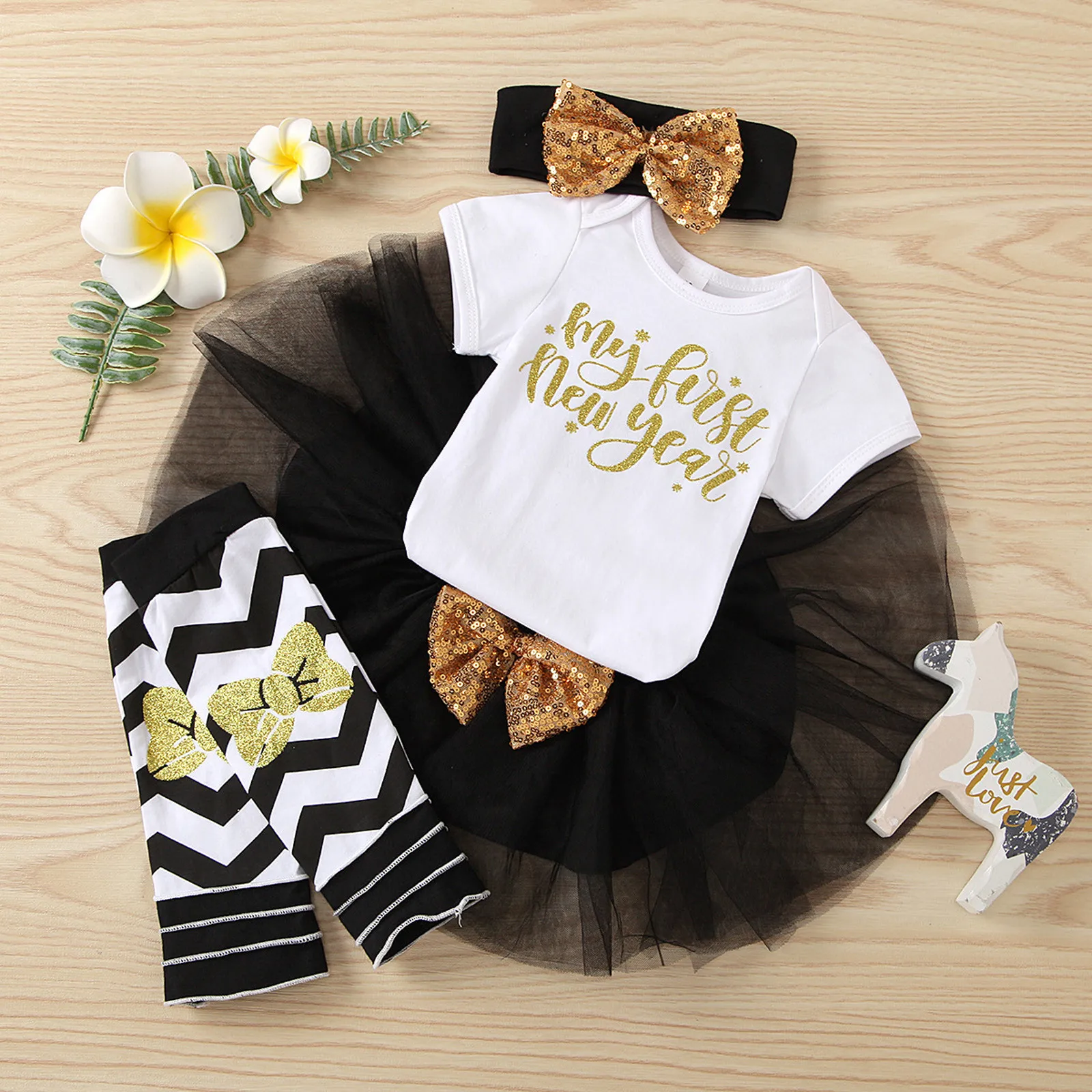 

0-18Months New Four-piece suit Newborn Baby Girls New Year Letter Romper Tutu Skirt Hairband Leg Warmer Sets robe bebe fille M5