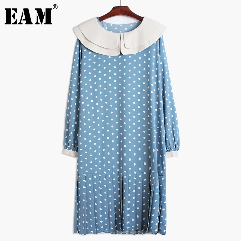 

[EAM] Women Dot Print Split Temperament Dress New Double-layer CollarLong Sleeve Loose Fit Fashion Tide Spring Autumn 2020 1R208