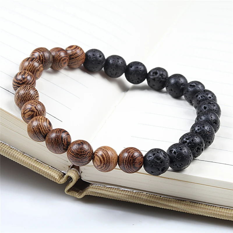 8 мм браслет с деревянными бусинами из натурального камня мужской черный медитация Ethinc Белый Черный лавовый браслет женский молитвенный ювелирный браслет для йоги