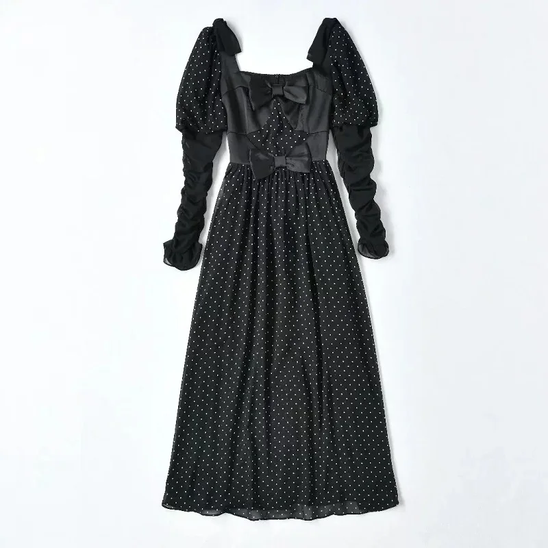 

Vintage Dress 2022 Spring Fashion Style Women Sexy Square Collar Polka Dot Print Bow Deco Long Sleeve Casual Runway Dress Lady