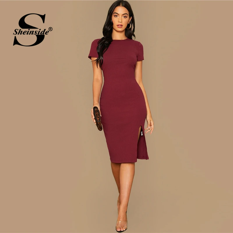 Sheinside Rib-knit платье-карандаш с разрезом спереди для женщин сексуальные платья с коротким рукавом для вечеринок дамское бордовое облегающее платье миди