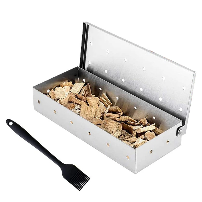 Large Smoker Box For BBQ Charcoal &Gas Grill Box With Brush Large