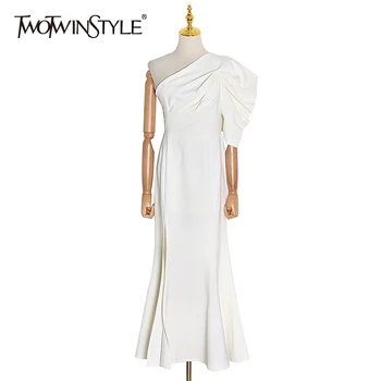 

TWOTWINSTYLE Casual Women Party Dress Asymmetrical Neck Puff Half Sleeve High Waist Mixi Side Split Elegant Dresses Female Tide