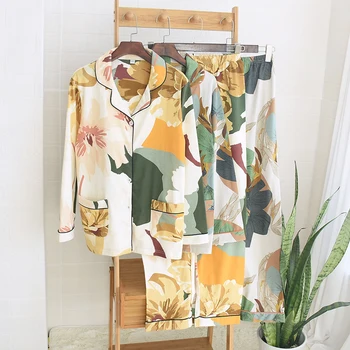 

SYJJF'S SONG Printed Cotton Pajamas Womens Long Sleeve Lapel Collar Pockets Nightwear Vintage Spring Autumn Homewear Sleepwear
