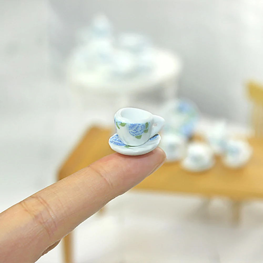 15Pcs 1/12 Dollhouse Miniature Accessories Mini Ceramics Tea Set Simulation Kettle Plate Cup Model Toy for Doll House Decoration