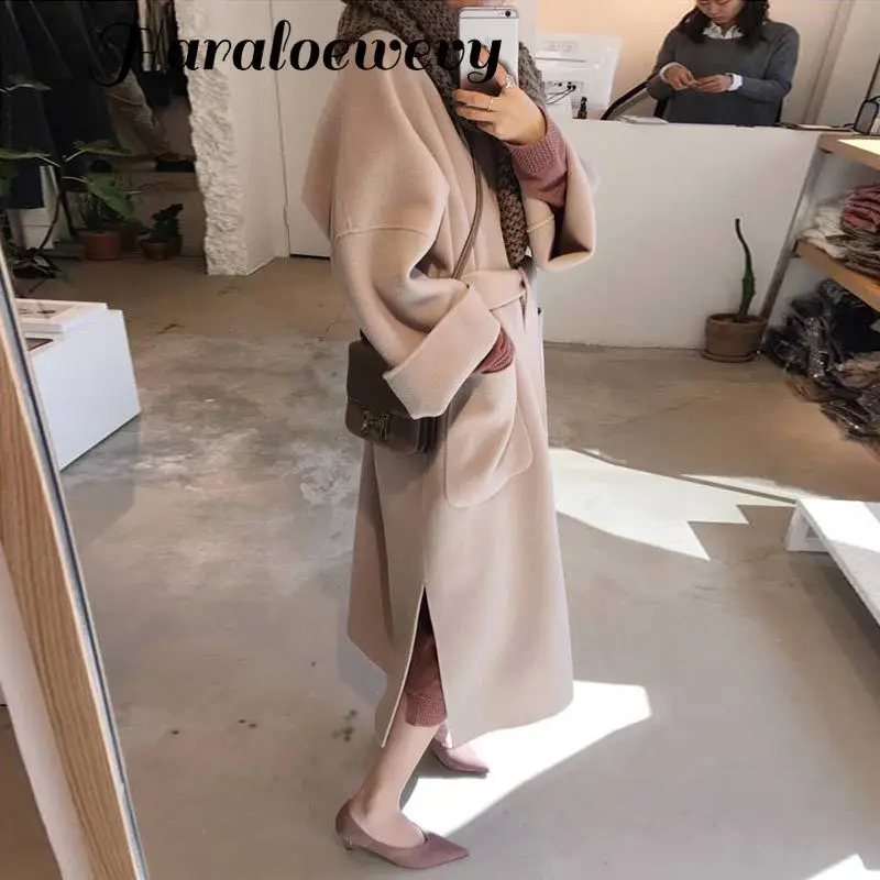 Модное однотонное женское длинное Cashmer пальто Свободное офисное Женское шерстяное пальто с карманами пальто и куртка