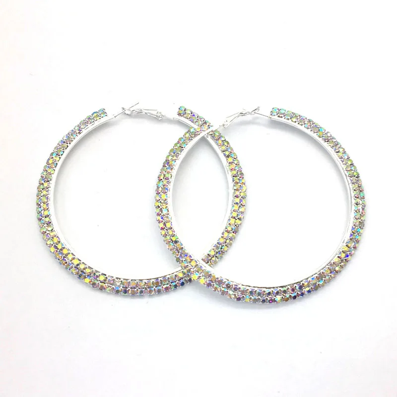 Разноцветные Кристальные серьги для женщин, посеребренные большие круглые серьги, элегантные 2 со стразами в ряд, большие серьги-кольца - Окраска металла: AB crystal silver