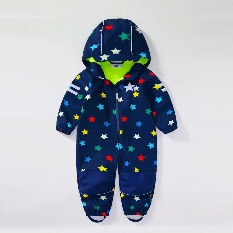 Children's soft shell waterproof jumpsuit for boys and girls one-piece romper waterproof and windproof plus velvet