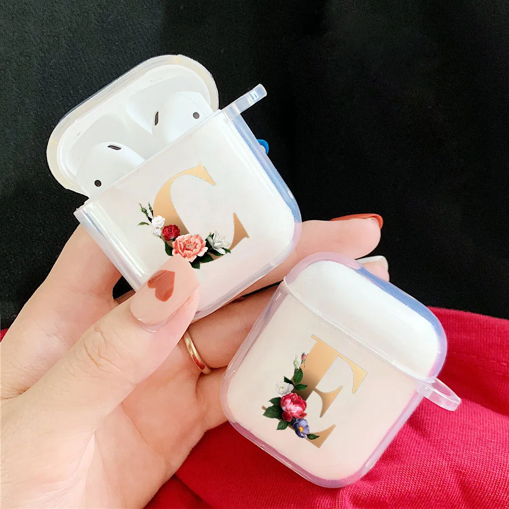 

2020 Floral Gold Initial alphabet Letters Flowers Clear Silicone AirPod 1 2 Earphone Case For Apple airpods 1 2 Cover Fundas