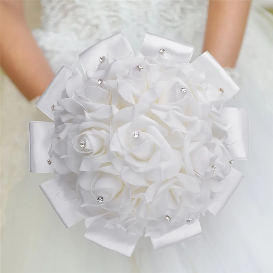 Wedding Bouquet Crystal Pearl Silk Roses Bridal Bridesmaid Wedding Flower Hand Bouquet Artificial Fake Flowers Flores Decoration