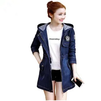 

Spring Autumn Women Denim Windbreaker New Fashion Hooded Student Clothes Plus Size Slim Casual Tops Cowboy Trench Coat OKXGNZ