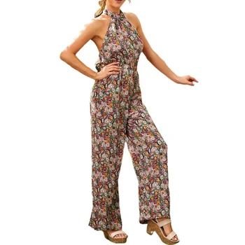 

Women Casual Sleeveless Halter Jumpsuits Female Boho Floral Bodysuit Wide Leg Loose Long Jumpsuit Vestidos