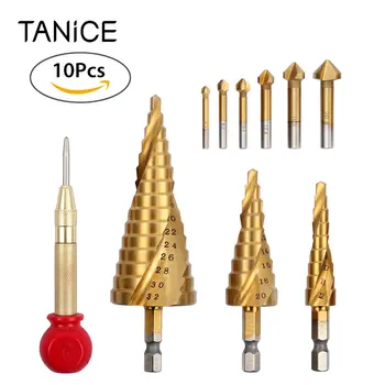 

TANiCE 10PCS HSS Spiral Grooved Step Drill Bits 4-32 mm Cut Tool Set 90° Countersink Set with 6.3-20.5 mm Automatic Center Punch