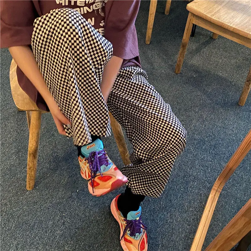 Total em Linha Calças Xadrez Feminino Cintura Alta Elástica Comprimento Reta Elegante Adolescentes Streetwear Chique Verão Casal Lazer Solto 6 Calças xadrez feminino xadrez cintura alta elástica