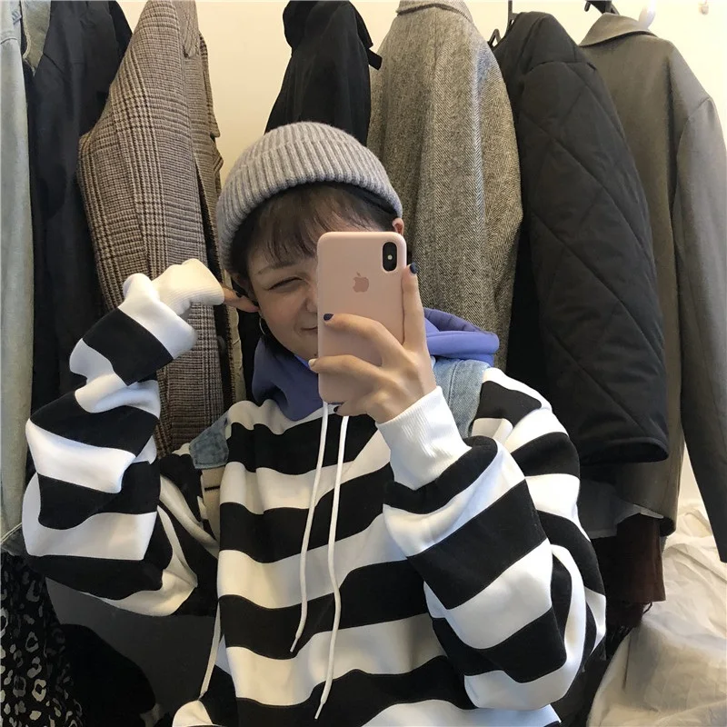 Корейский ulzzang утолщение плюс бархат мода полосатый контрастный цвет свободные с капюшоном ins Harajuku Зима Новая Женская толстовка