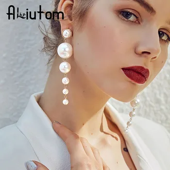 

ALIUTOM Trendy Elegant Created Big Simulated Pearl Long Earrings Pearls String Statement Drop Earrings For Wedding Party Gift