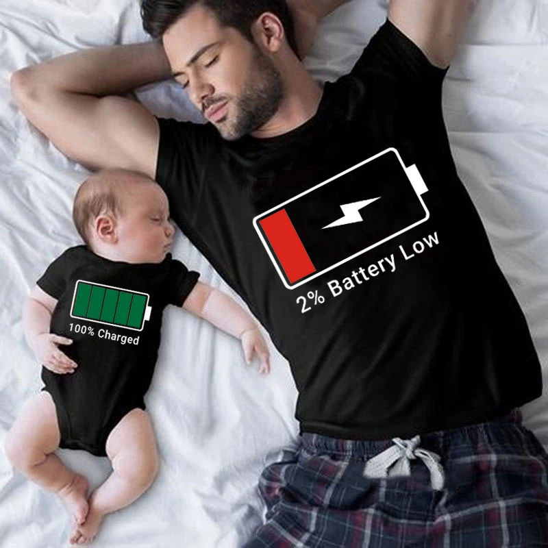 Funny Mommy and Me Matching Family Shirts Low Battery and Charged Battery Mother Daughter Daddy Son Toddler Shirts Baby Bodysuit 3