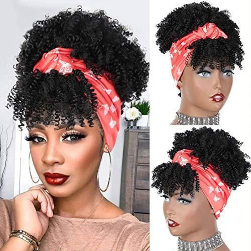 Synthetic Hair Short Kinky Curly Chignon With Bangs Bun Drawstring