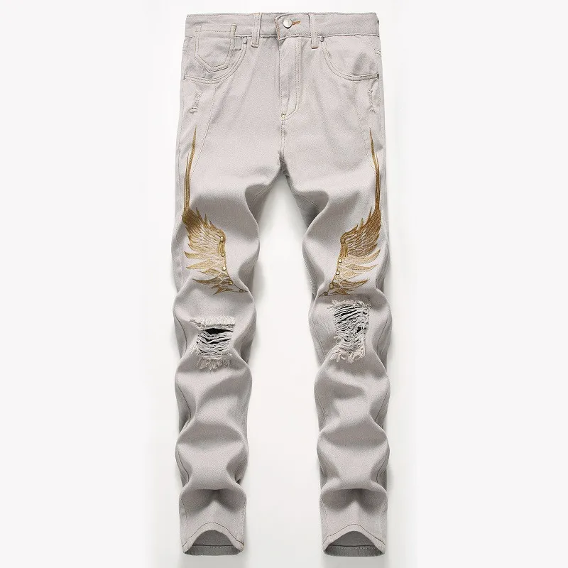 Серый Idopy Марка NEW FASHION Hi Street Рваные джинсы штаны с нашивкой «Крылья» с вышивкой человека уличная рваные джинсовые брюки с вышивкой; большие Размеры 29-42 - Цвет: Серый