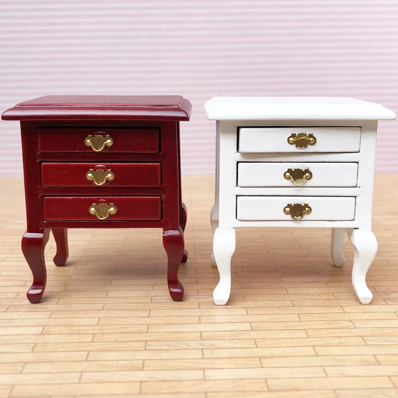

1: 12 Dollhouse Dollhouse Mini Furniture Model Scene Wood Bedside Cabinet Curved Legs Side Table Drawer Cabinet