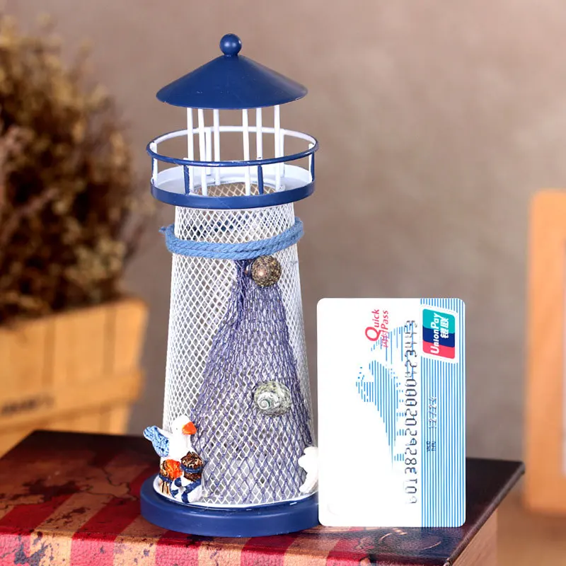 Mediterranean Style Iron Lighthouse Figurine Nostalgic Ocean Anchor Ornament Light for Teen Room Bedroom Desk Table Decoration