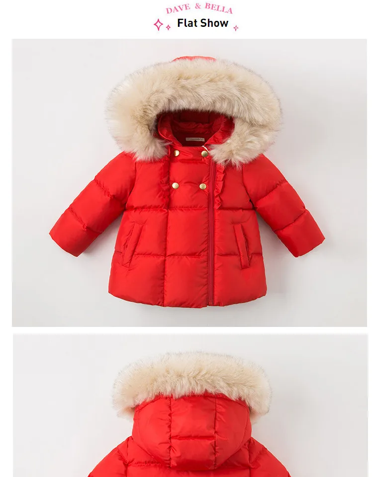 DB11623 dave bella/зимнее пуховое пальто для маленьких девочек верхняя одежда с меховым капюшоном и карманами Детская куртка на 90% белом утином пуху с подкладкой