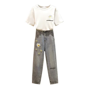 

Daisy Set Summer Cloth Women Large Plus Size FashionT ShirtTop And Demin Pant JeanTwo Piece Set Elegant Matching Set Big Outfit