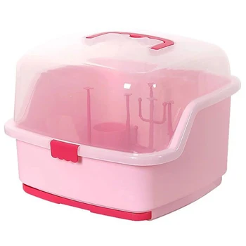 

Anti Dust Baby Bottles Storage Box Drying Rack Tableware Dry Case Cleaning Dryer Drainer Storage Container-Pink