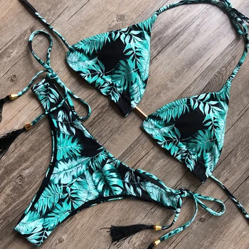 

Two Piece Bikini String Tied Bikini Swimwear Triangle Top Low Waist Bottom Beachwear Swimsuit Bathing Suit