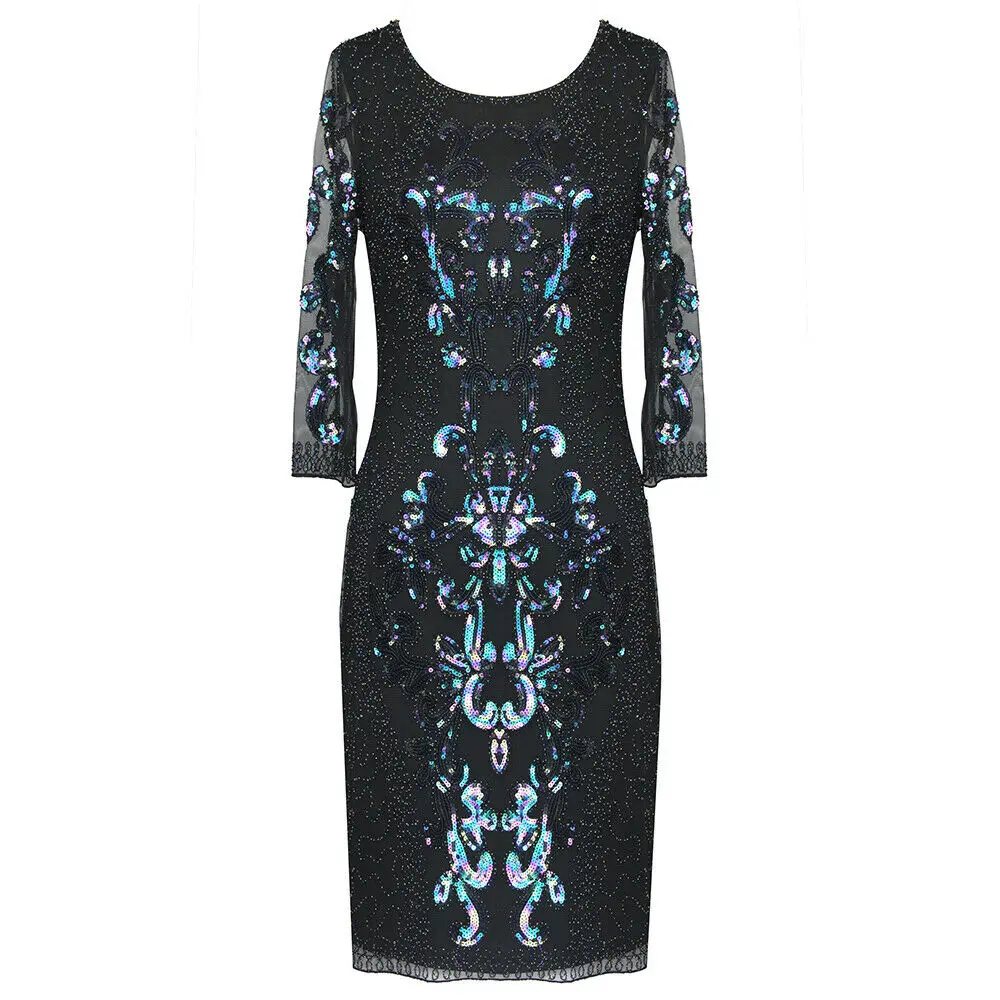 Vintage Women Flapper Dress Sequins Beaded Shift Dress Ladies Bridal Party Prom Gown Mesh Dresses Evening Elegant