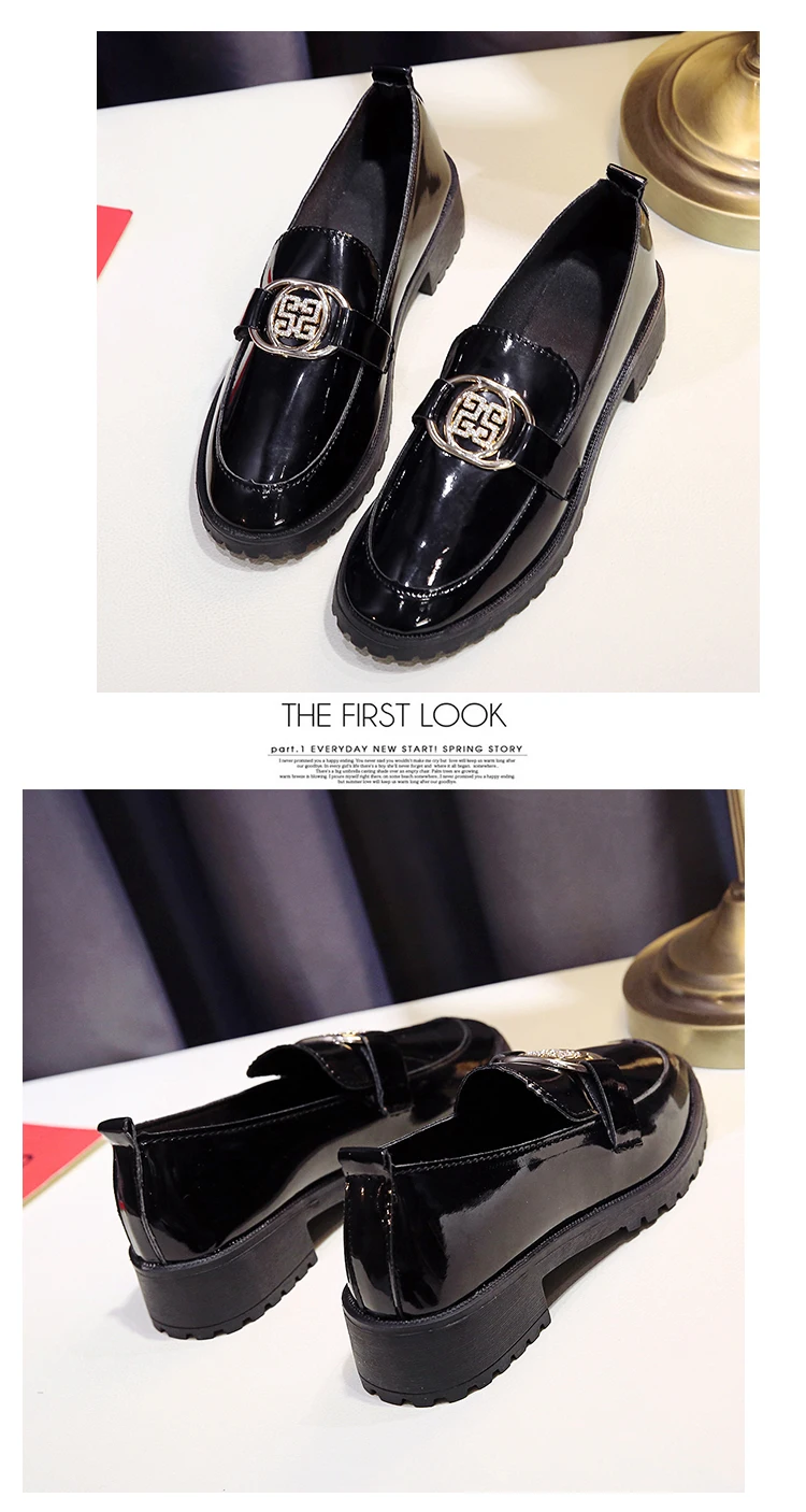 New Oxford Shoes for Women Shoes Female Flats Solid Black Patent Leather Slip on Shoes Woman Metal Buckle Ladies Shoes Plus Size