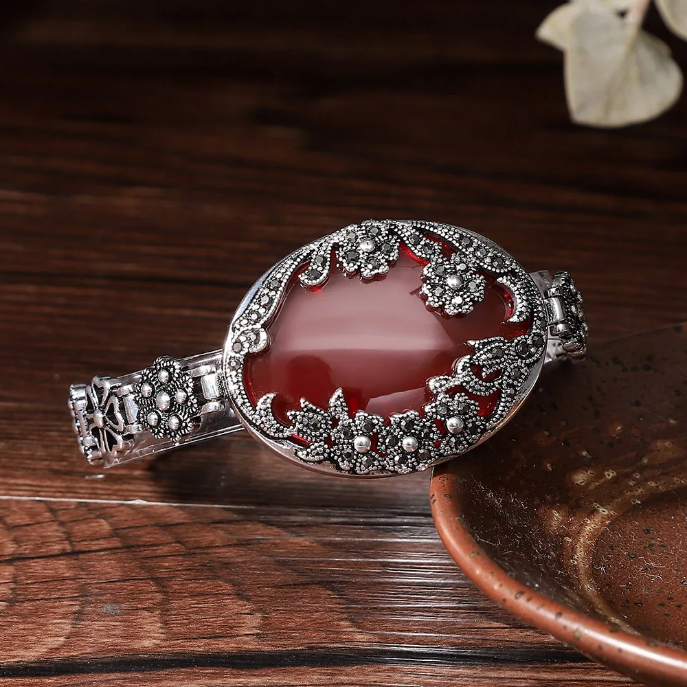 Натуральный Овальный Красный Камень настоящий 925 пробы Серебряный винтажный браслет черные кристаллы, цветок тайский серебряный браслет для женщин ювелирные изделия