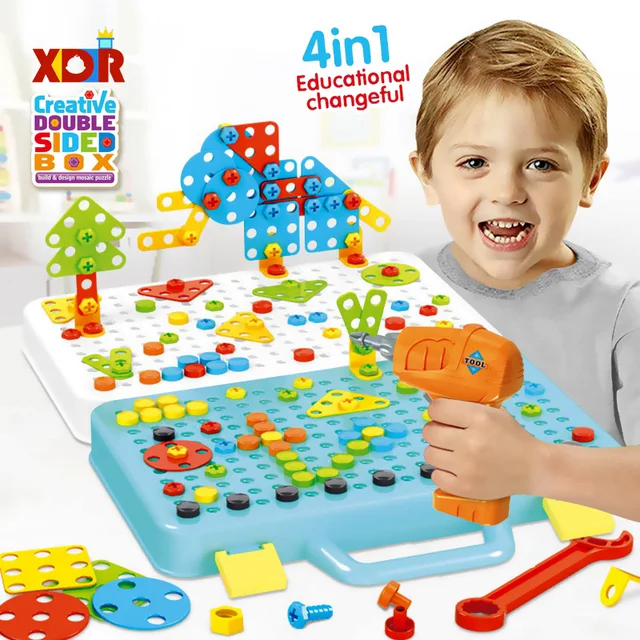 STEM Educational Electric Drill Toy DIY Creative Mosaic Design Puzzle Set Screw & Nut Group Disassembly Kids Toys Christmas Gift 1