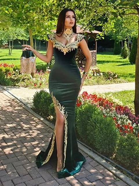 LORIE Dark Green Moroccan Kaftan Evening Dress Mermaid Formal Dubai Formal Lace Celebrity Dresses Plus Size Sexy High Split 3