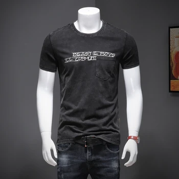 

Summer New Denim T Shirt Wash O neck Print Black Tees Tops