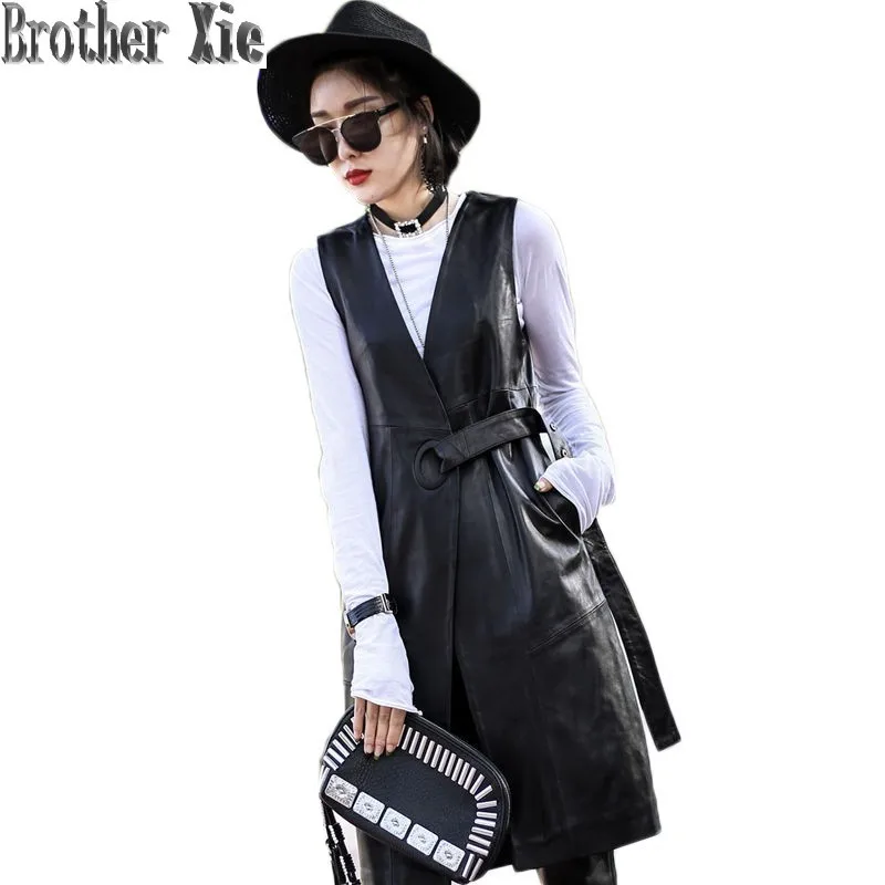

Women Black Genuine Leather Vest Jackets 2020 Summer Fashion Belt Slim Real Lambskin Leather Long Trench Coat Streetwear Ladies
