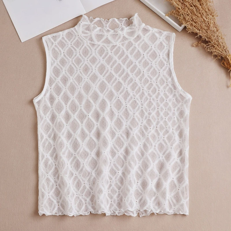 

Women Ruffles Turtleneck Pullover False Fake Collar Hollow Out Rhombus Lace Detachable Half Shirt Sweater Underwear