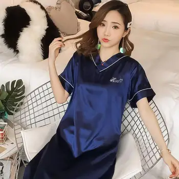 

New Style Summer Pajamas Women's Imitated Silk Fabric Solid Color Nightgown Korean-style Ice Silk V-neck Short Sleeve Sweet Home